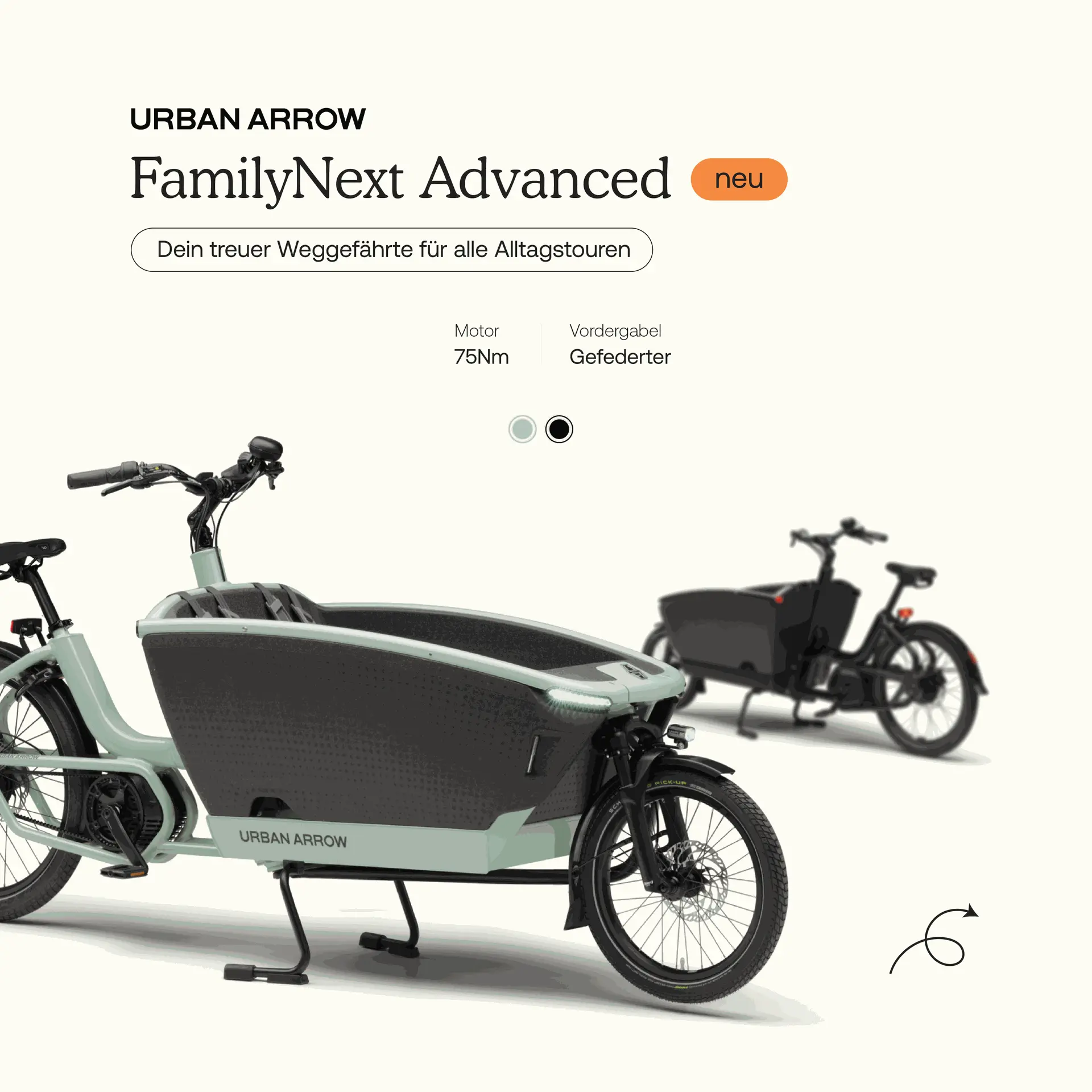 FamilyNext Advanced – ideal für Stadt & Alltag mit 75 Nm Motor Urban Arrow FamilyNext Advanced in zwei Farben – mit Bosch Motor für normale Topografie