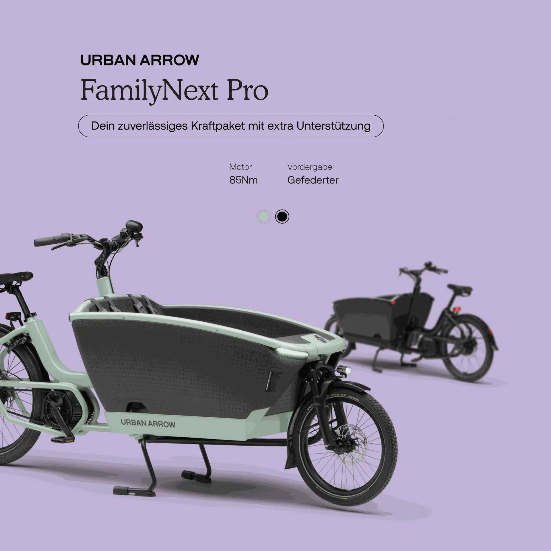 FamilyNext Pro – extra Power für starke Anstiege und schwere Lasten Urban Arrow FamilyNext Pro mit Bosch Cargo Line Motor – zwei Farbvarianten für anspruchsvolle Strecken